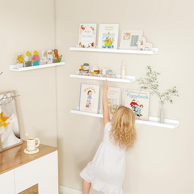 Fun Memories Picture Ledge Shelf, White Floating Shelves Set of 4, 32 Inch Picture Shelves for Wall with Ledge, Large Nursery Book Shelf for Toys Storage, Living Room, Bedroom Decor Frames