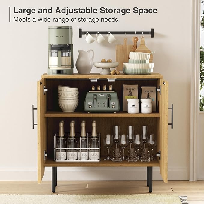 Vabches Fluted Natural Storage Cabinet, 2 Doors Modern Sideboard Buffet Cabinet with Adjustable Shelves and Metal Leg, Accent Cabinet for Living Room, Dining Room, Entryway (Natural & Black)