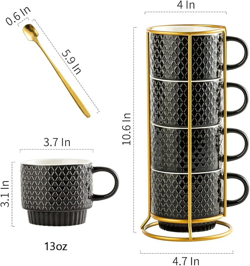 Gomakren Coffee Mugs Set of 4, 13 Ounce Stackable Coffee Mug Set with Stand, Christmas Stoneware Coffee Cup with Spoon for Coffee, Milk, Tea, Cocoa, Black