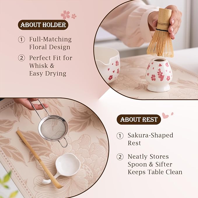 7 Pcs Matcha Kit: Ceramic Matcha Bowl with Spout, Bamboo Whisk And Scoop, Stainless Steel Sifter, Holder, Rest And Tea Towel. Elegant Matcha Whisk Set for Beginners And Gifting