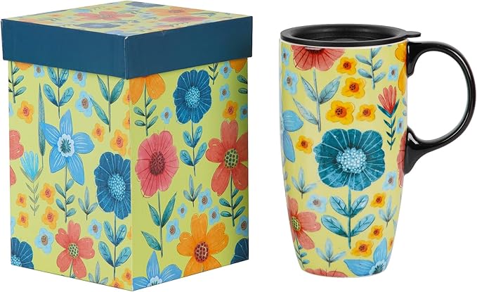 DUSVALLY Ceramic Coffee Mug Travel Cup Gift with Lid 17oz, Tea Cup with Handle for Latte, Cappuccino and Cocoa, Home and Office Porcelain Coffee Cups, Green Flower