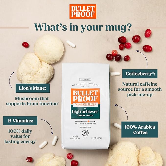 Bulletproof The High Achiever Single-Serve Pods, 72 count, Medium-Dark Roast Enhanced Coffee with Lion's Mane Mushroom, B Vitamins, and Adaptogens for Energy and Focus