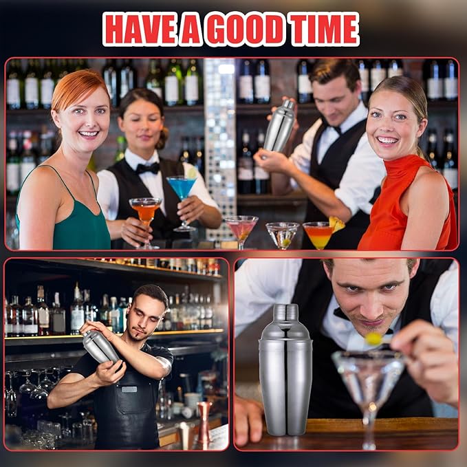 Nitial 9 Pcs Bar Cocktail Shaker Professional Stainless Steel Martini Drink Mixer Built-in Strainer for Bartending No Leaks Boston Shaker for Bar Party Drink Tool(Silver,25 oz)