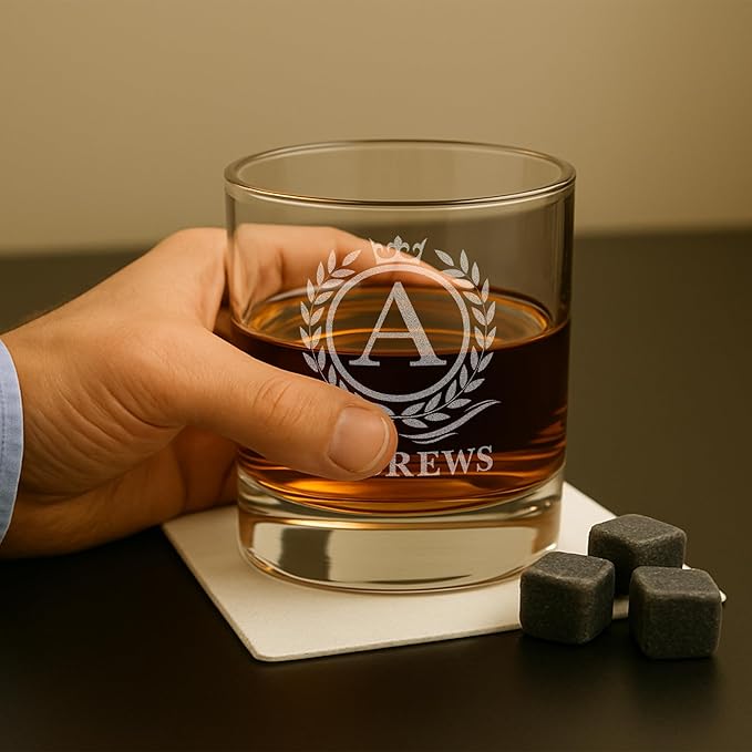 Personalized Whiskey & Bourbon Glass - 11 oz Engraved Name Monogram - Custom Cocktail, Rocks, Brandy Glass by On The Rox Drinks