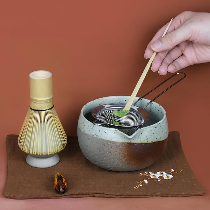 Artcome Matcha Tool Set– Bowl with Pouring Spout, Whisk, Whisk Holder, Tea Scoop, Matcha Strainer, Tea Spoop, Tea Scoop Holder, Tea Cloth – Traditional & Refined