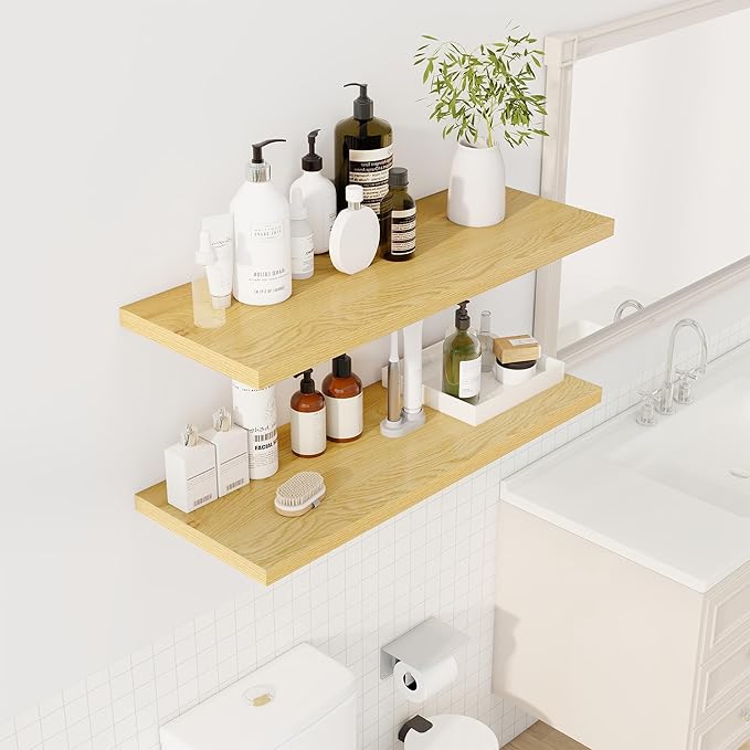 Dreamland 36" Floating Shelves for Wall, 12" Deep Slim Oak Floating Shelves, Wall-Mounted Shelves for Bedroom, Living Room, Kitchen, Bathroom - Set of 2