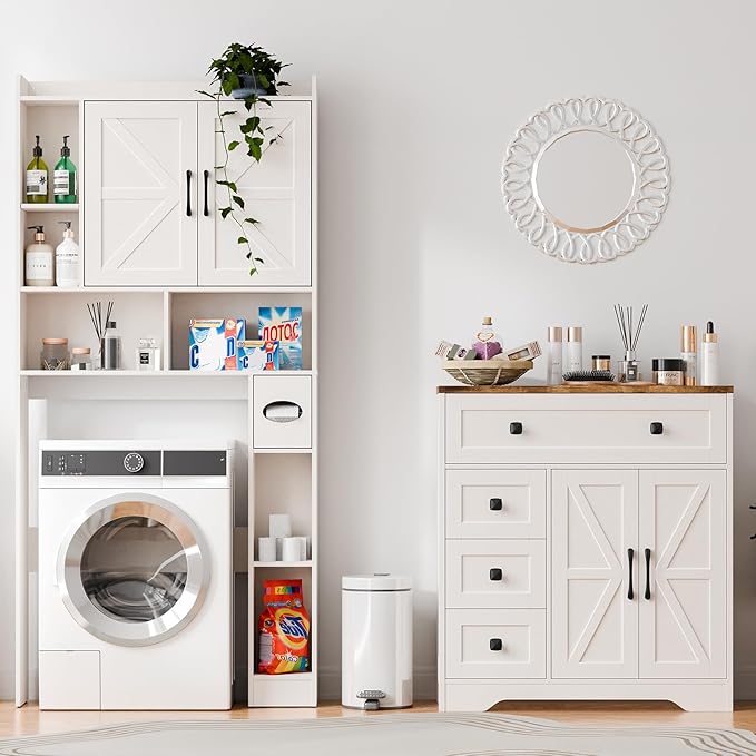 Vabches Farmhouse Storage Cabinet with 2 Doors and 4 Drawers, Freestanding Bathroom Storage Cabinet Kitchen Pantry, Floor Hutch Cupboard for Living Room/Bathroom/Kitchen,(Antique White)