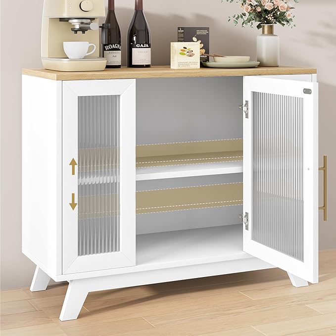 GarveeHome 36 Inch Coffee Bar Buffet Cabinet with Fluted Glass Doors and Gold Handles, Modern Sideboard Storage with Adjustable Shelves, for Kitchen Dining Room Living Room Entryway