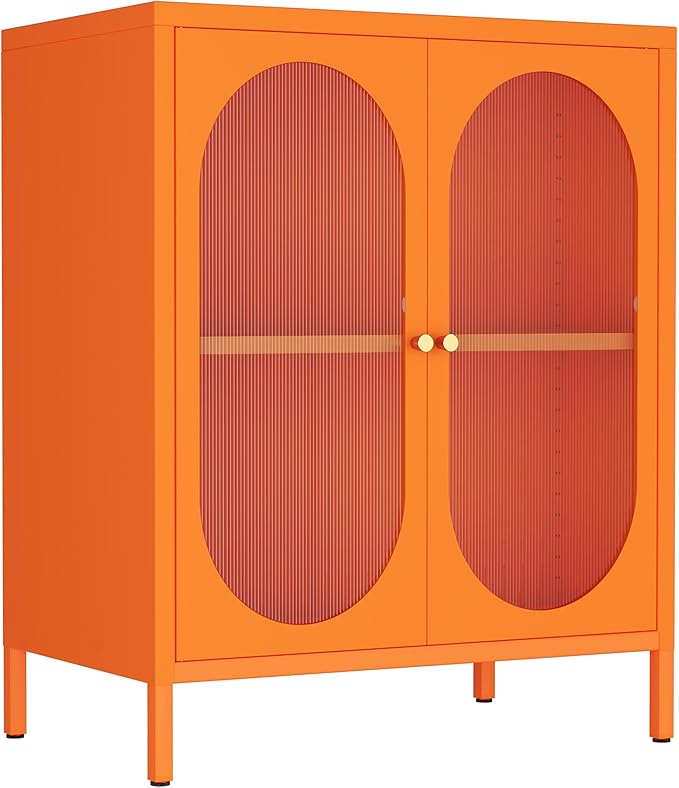 Small 2 Transparent Door Metal Storage Side Buffet Cabinet for Bed Room,Living Room,Entryway,Hallway,Home,Hotel,Office,Garage,Kitchen,1 Removable Shelf. (Transparent Door, Orange)