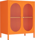 Small 2 Transparent Door Metal Storage Side Buffet Cabinet for Bed Room,Living Room,Entryway,Hallway,Home,Hotel,Office,Garage,Kitchen,1 Removable Shelf. (Transparent Door, Orange)