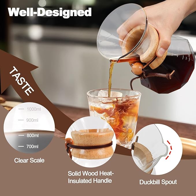 Pour Over Coffee Pot Set 1000ml 33.8oz Features 304 Stainless Steel Filter Glass Coffee Pot with High Borosilicate Glass Duckbill Spout Design Solid Wood Handle Pour Over Coffee Daily Brewing