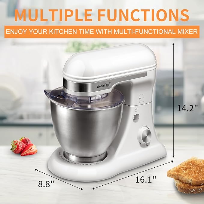 Geek Chef Electric Stand Mixer, 4.8QT 12 Speeds Tilt-head Food Mixer with Dough Hook, Whisk, Beater, Bowl, Rotary Knob for Home Kitchen Use, Bright White