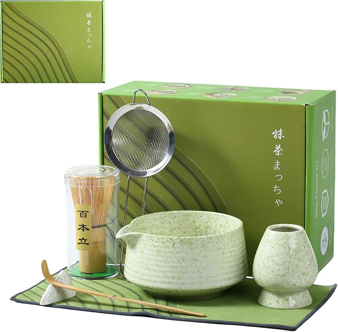 Matcha Whisk Set, Ceramic Matcha Bowl with Spout, Bamboo Whisk, Scoop, Sifter, Holder, Tea Towel, 7-Piece Matcha Kit Set for Making Breakfast/Latte, Square Green, Large, Fusion Style