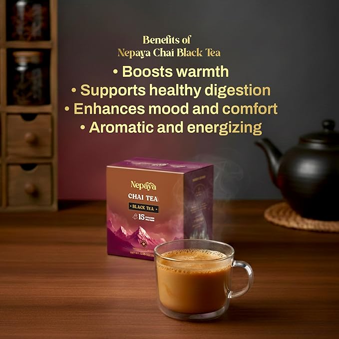 Nepaya Masala Chai – 15 Pyramid Black Tea Bags, Spiced with Ginger, Cardamom & Cinnamon, Biodegradable, Whole-Leaf, High Caffeine, Himalayan Chai