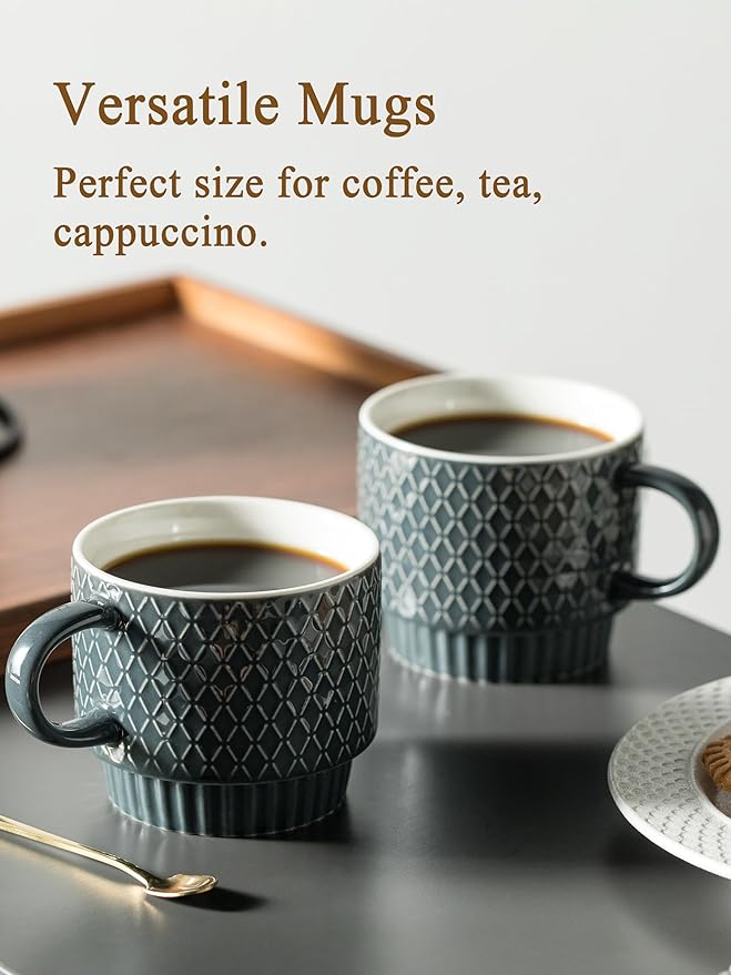 Gomakren Coffee Mugs Set of 4, 13 Ounce Stackable Coffee Mug Set with Stand, Christmas Stoneware Coffee Cup with Spoon for Coffee, Milk, Tea, Cocoa, Grey