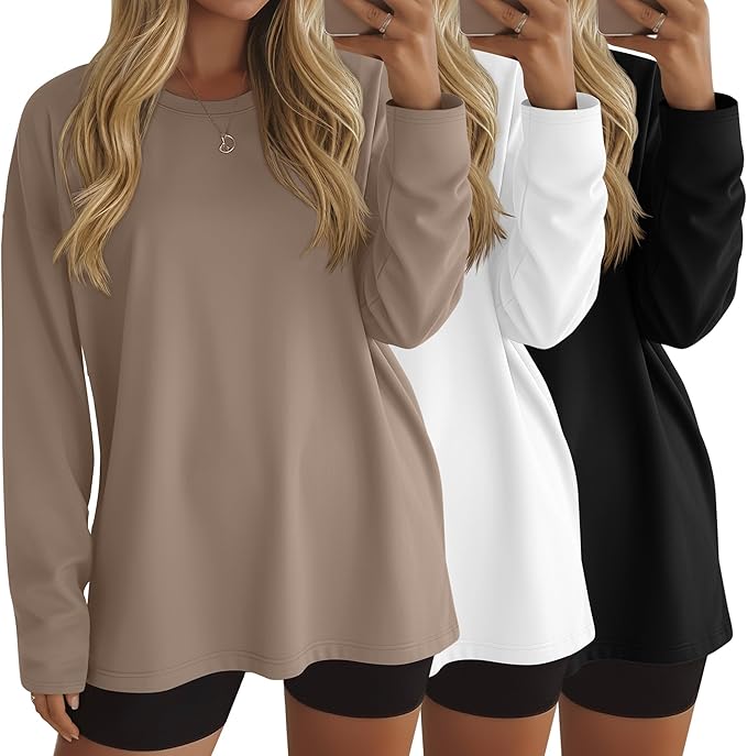 Ficerd 3 Pack Women's Oversized Long Sleeve Shirts Cotton Gym Round Neck Tops Loose Fit Casual Workout Baggy Fall Basic Tee