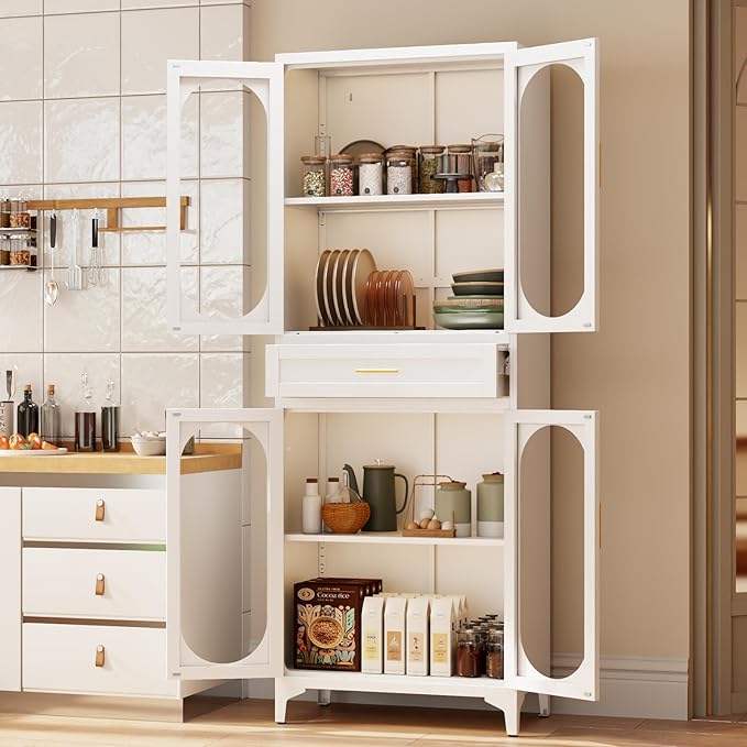 75" Tall Kitchen Pantry Cabinet,Metal Storage Cabinets with 4 Glass Doors and 1 Drawer,Freestanding Display Cupboard for Dining Room,Living Room,Hallway,Bathroom,White