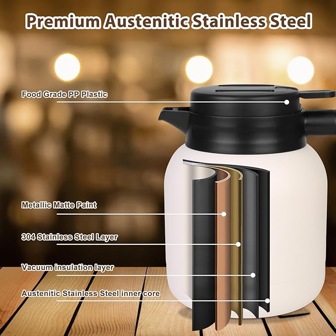 42oz Thermal Coffee Carafe,Insulated Thermal Pitcher,Stainless Steel Coffee Carafes For Keeping Hot/Cold Beverage Water Drink Tea Coffee Dispenser,White