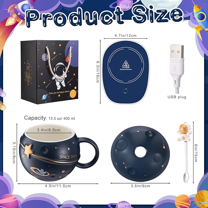 Astronaut Coffee Mug Warmer 13.5 oz Space Planet Ceramic Mug with Lid Spoon Electric Tea Beverage Cup Warmer for Winter Christmas New Year Birthday Gift