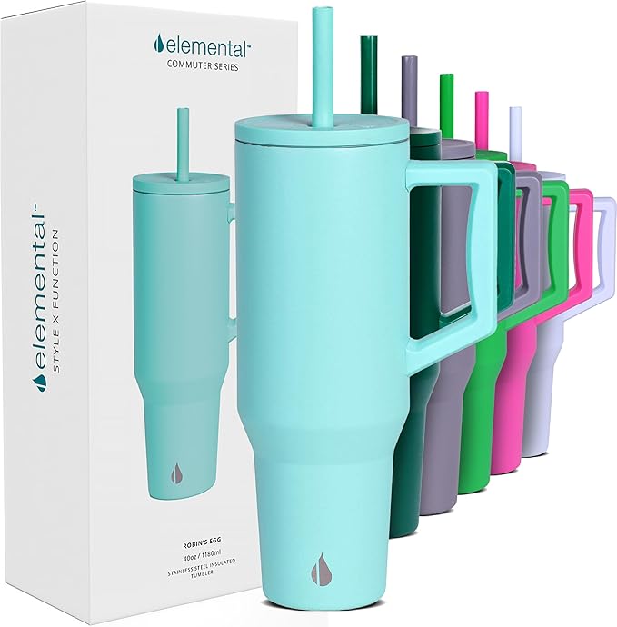 Elemental 40oz Tumbler with Handle and Straw - Spill Proof Insulated Stainless Steel Commuter for Hot & Cold Beverages - Travel Coffee Mug with 2 Straws & Spill Proof Lid - 40 oz - Robin's Egg