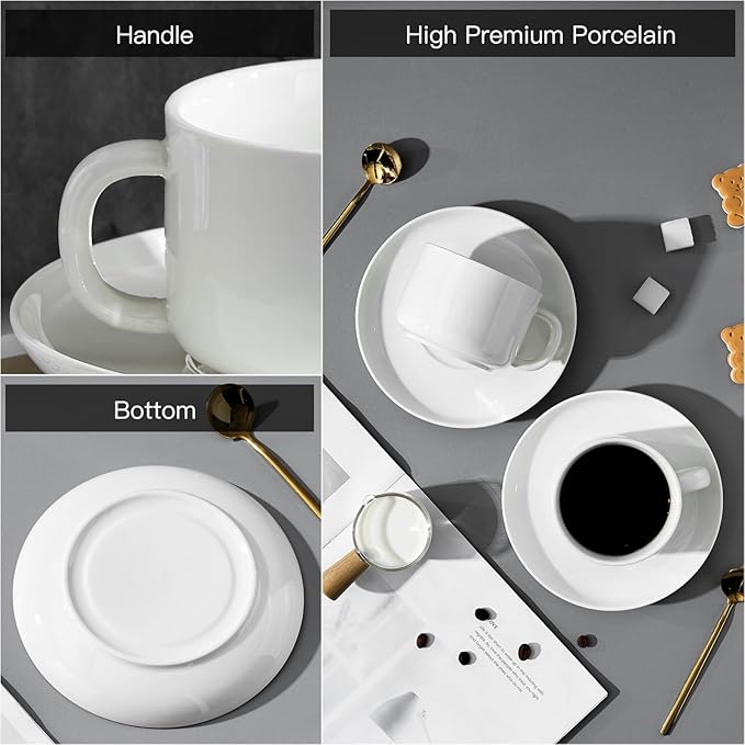 Coffee Cups and Saucers Set of 4 with Stainless Steel Spoons, 8oz Ceramic Cappuccino Cups Set, White Durable Porcelain Cups for Tea, Latte, Mocha