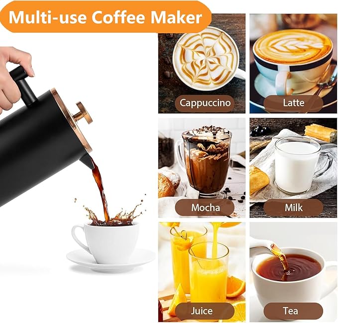 Small French Press 350ml Black, Double-Wall Insulated French Press Coffee Press Stainless Steel for travel camping, Single Cup Pour Over Coffee Maker Black(1 cup, 12 OZ)