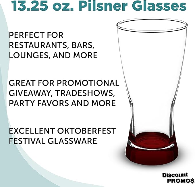 DISCOUNT PROMOS Pilsner Glasses 13.25 oz. Set of 12, Bulk Pack - Made in the USA, Perfect for Hotels, Restaurants, Bars and Even Party Favors - Red