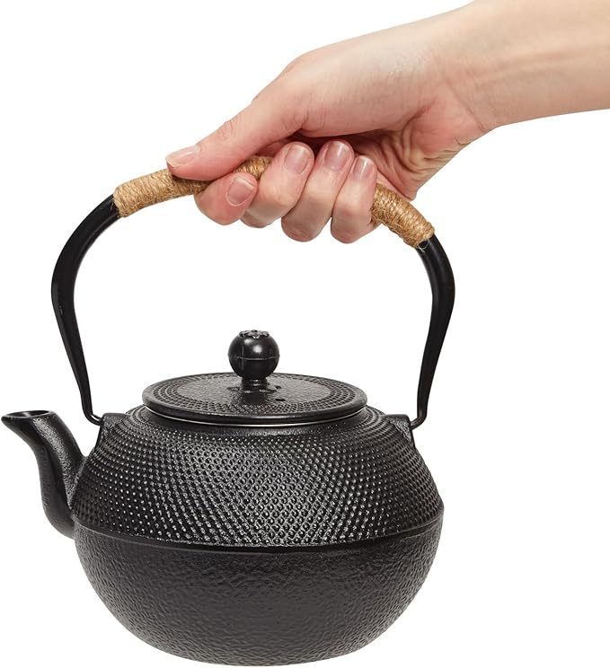 Juvale Tea Kettle Stovetop Japanese Cast Iron Tetsubin - 40 oz, Black - Cast Iron Tea Set & Teapot with Loose Leaf Infuser, Warmer & 4 Cups, Trivet