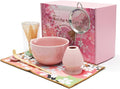 Matcha Whisk Sets 7 Pcs Includes Ceramic Bowl, Bamboo Whisk, Scoop, Sifter, Whisk Holder, Scoop Rest & Tea Towel | Japanese Matcha Ceremony Gift Set for Matcha Lovers (Pink)