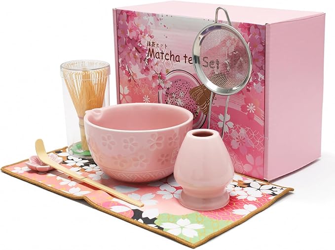 Matcha Whisk Sets 7 Pcs Includes Ceramic Bowl, Bamboo Whisk, Scoop, Sifter, Whisk Holder, Scoop Rest & Tea Towel | Japanese Matcha Ceremony Gift Set for Matcha Lovers (Pink)