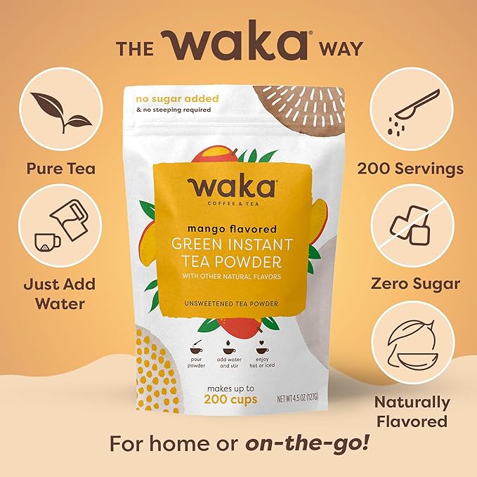 Waka Instant Green Tea Mix, Mango Flavored - 100% Tea Leaves, No Additives, Unsweetened Tea Powder in Bulk Pouch – Easy Quick Hot and Iced Teas, Up to 200 Cups (4.5oz)