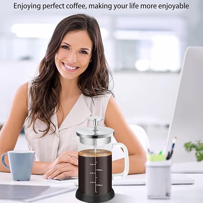 Mini French Press Coffee Maker-304 Stainless Steel Grilles, Borosilicate Glass Small Coffee Press,Non-slip Silicone Base-12 oz /350 ml with 2 Filter Screen-2 Cup Teapot