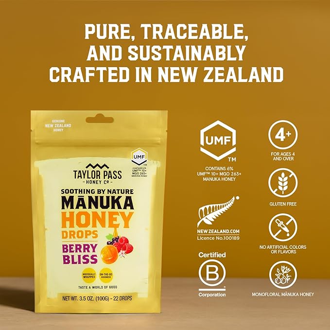 Taylor Pass Honey Co Mānuka Honey Drops UMF™ 10+ | Berry Bliss | Mānuka Honey Lozenges | Soothing Natural Manuka On-the-Go | 22 Individually Wrapped Drops | Made in New Zealand