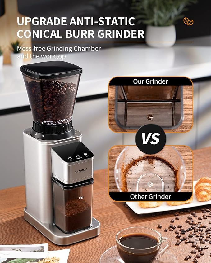 SHARDOR Professional Conical Burr Coffee Grinder, Coffee Bean Grinder with 48 Grind Settings for Espresso, Drip & French Press, Upgraded Anti-Static Technology, Precision Timer, Stainless Steel