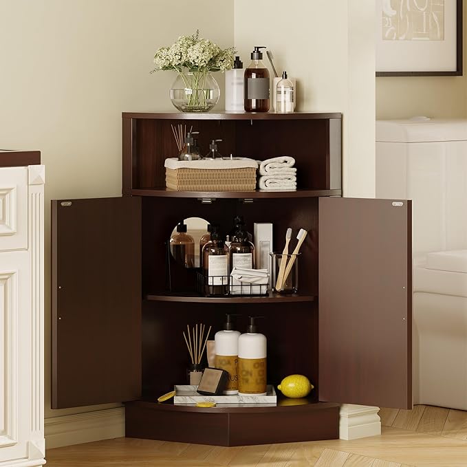 Corner Bathroom Cabinet, Modern Small Corner Cabinet with Fluted Door and Open Shelf, Space Saver for Bathroom, Living Room, Kitchen, Brown
