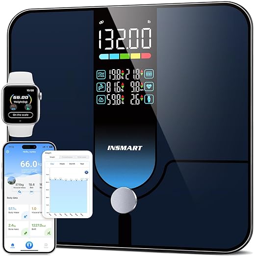 INSMART Smart Scale for Body Weight, Large Display Body Fat Scale, Accurate Weight Scale Digital Bluetooth Bathroom Scale for BMI Heart Rate, 18 Body Composition Analyzer with Fitness APP Sync, 500lbs