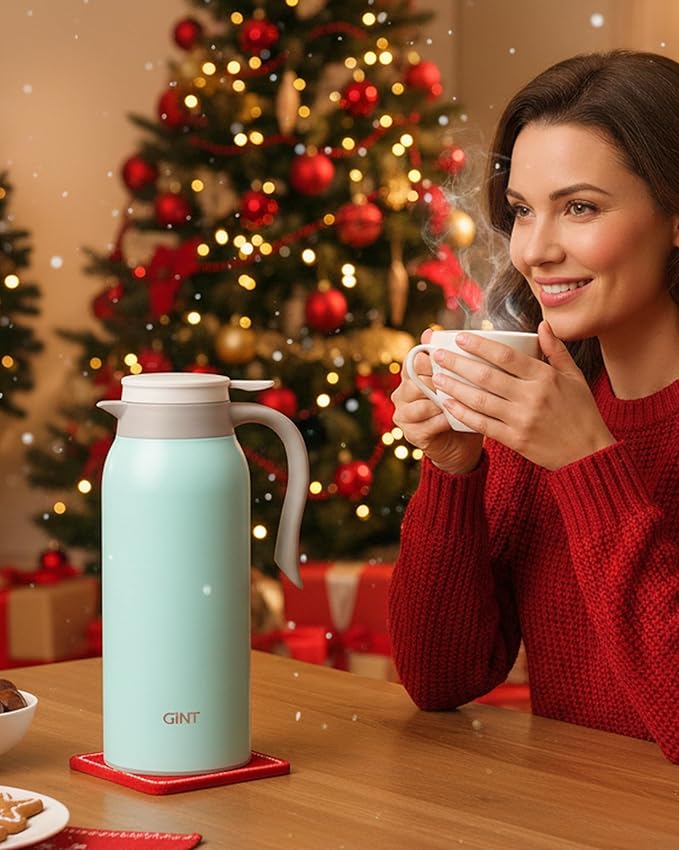 GiNT 51 Oz Stainless Steel Thermal Coffee Carafe, Double Walled Vacuum Insulated Flask, 12 Hour Heat Retention, 1.5 Liter Tea, Water, and Coffee Dispenser (Upgraded version Blue)