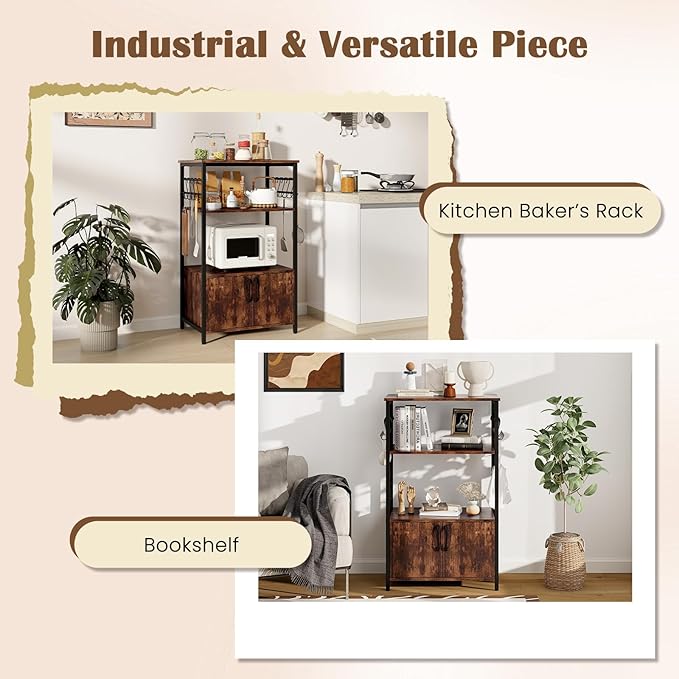 GOFLAME Kitchen Baker's Rack with Cabinet, 3-Tier Pantry Cabinet with 2 Open Shelves, 10 S-Shaped Hooks, Industrial Microwave Oven Stand with Metal Frame, Bookshelf Rack for Living Room, Brown