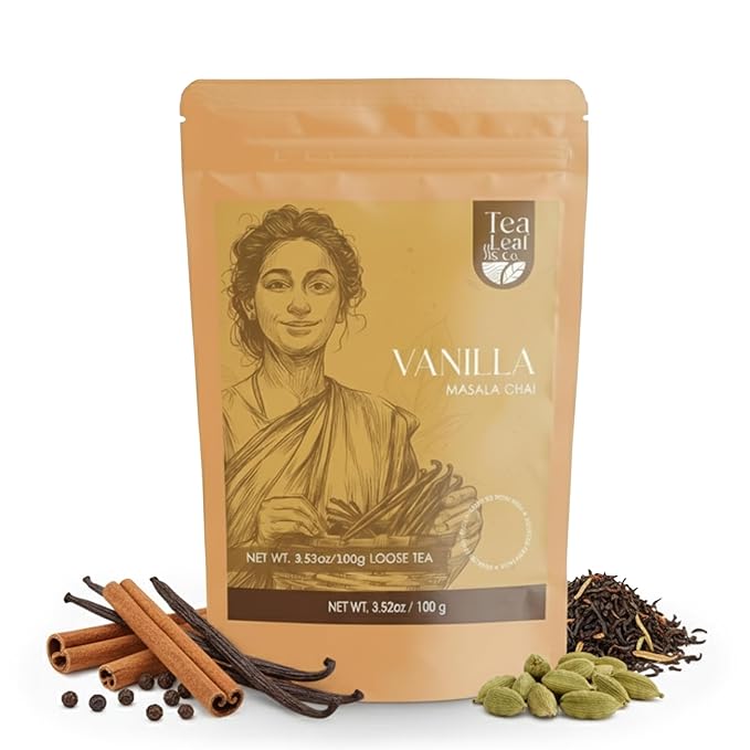 Tealeaf & Co. Vanilla Masala Chai Loose Leaf Tea (100gm / 3.5oz) - Black Tea with Vanilla Extracts, Cardamom, Cinnamon, Black Pepper & Clove - Flavorful Spiced Chai Blend - Low Caffeine - Gluten Free
