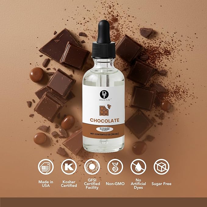 Dolce Flav Natural Chocolate Extract – 2 Ounce Water-Soluble Kosher, Sugar-Free, Concentrated Chocolate Flavor for Baking, Coffee, Ice Cream, Smoothies & Desserts, Includes Measured Dropper