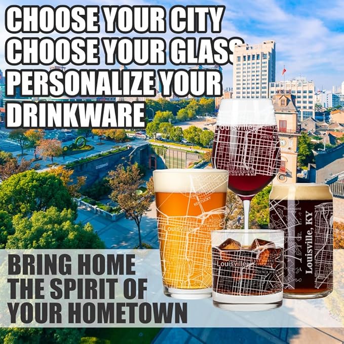 Blue Ridge Mountain Gifts - Louisville Souvenir - Kentucky Glassware Gift, Etched City Map, Laser Engraved and Dishwasher Safe