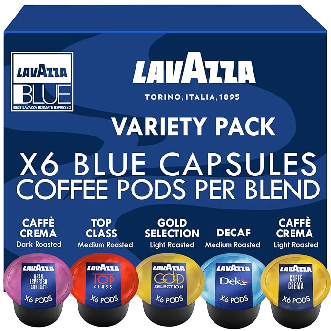 Lavazza Blue Coffee Pods Variety Pack – 30 Count Sampler (6 Each of Top Class, Gold Selection, Caffè Crema, Decaf & Gran Espresso) – Compatible with Lavazza Blue Machines – Premium Italian Espresso Capsules