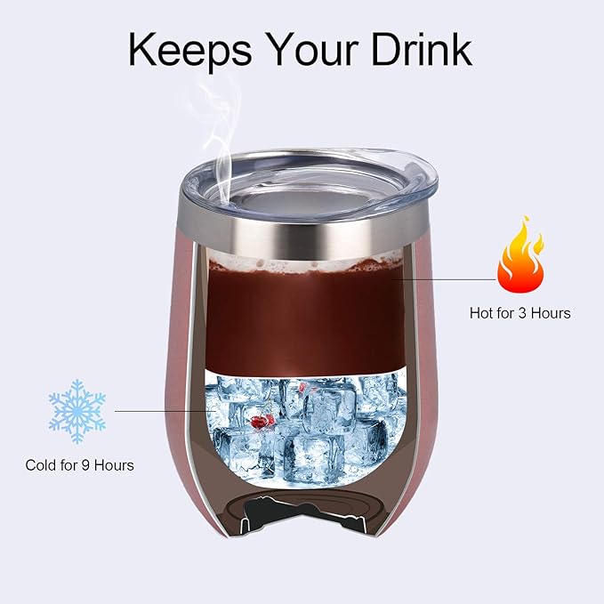 12 Pack Stainless Steel Wine Tumblers, 12Oz Double Wall Vacuum Insulated Wine Tumblers with Lids and Straws, Stainless Steel Stemless Wine Glasses for Coffee, Wine, Cocktails, Champaign, Rose Gold