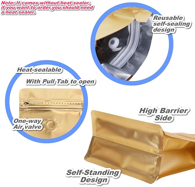 110 Pack High Barrier Stand-Up Coffee Bean Bags with Vented Valve, Matte Metallic, Heat-Sealable and Resealable Solid Color Pouches for Food Storage (5.3 * 10.4 inch,1 lb,16 oz,Golden)