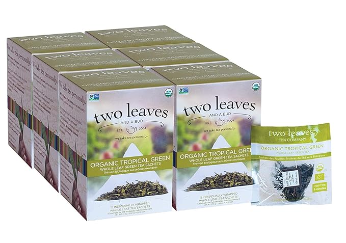 Two Leaves and a Bud Organic Tropical Green Tea Bags, Whole Leaf Green Tea in Sachets, 15 Count (Pack of 6)