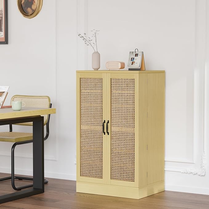 VINGLI Pantry Cabinet, Rattan Kitchen Storage Cabinet with 2 Doors and Adjustable Shelves, 40.5" H Food Storage Freestanding Cupboard for Small Space in Dining Room, Living Room