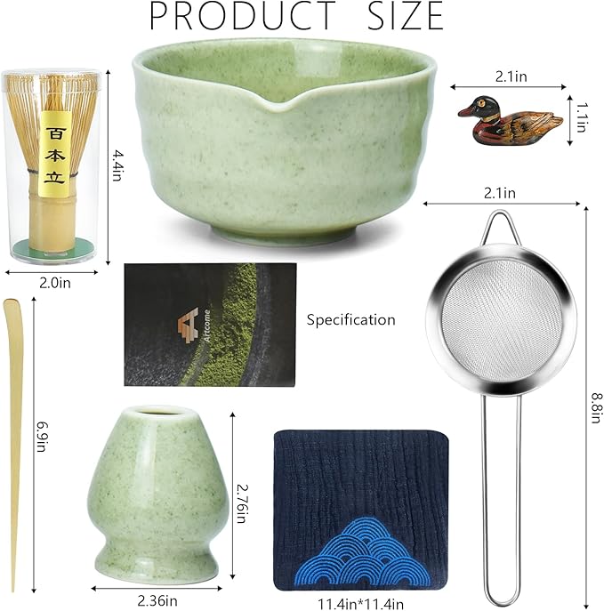 Artcome 7-Piece Matcha Tea Set - Complete Japanese Ceremony Kit with Bowl, Whisk, Scoop, Strainer & Guide, Mottled Light Green