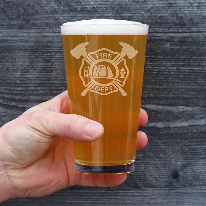 Firefighter Symbol Pint Glass for Beer - Unique Fireman Beer Glass Gifts for Firefighters - 16 Oz