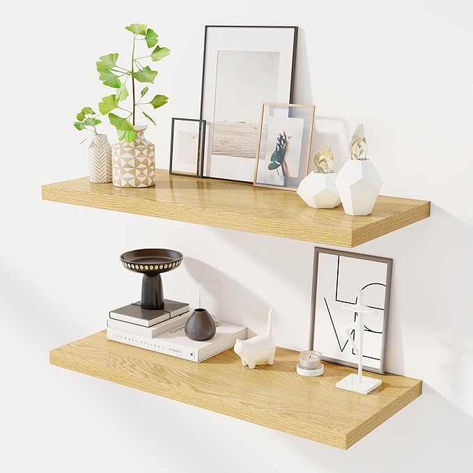 Dreamland 32" Floating Shelves for Wall, 12" Deep Slim Oak Floating Shelves, Wall-Mounted Shelves for Bedroom, Living Room, Kitchen, Bathroom - Set of 2