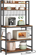 VASAGLE Bakers Rack with Power Outlet, Microwave Stand, Kitchen Tall Utility Storage Shelf, with Metal Wire Panel, 14 Hooks, 15.7 x 31.5 x 66.9 Inches, Rustic Brown and Ink Black UKKS025B01
